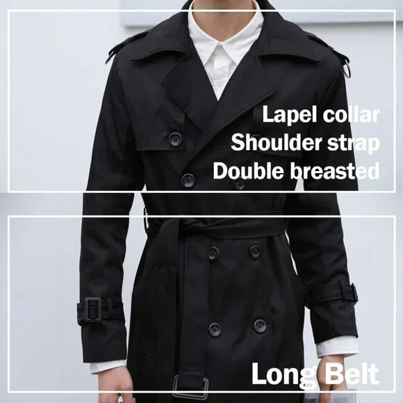 💫 Men Black Long Trench Coat Oversized Casual windbreaker Double Breasted Coat - Picture 5 of 7
